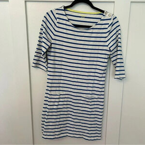 Boden Blue and White Striped Boatneck Dress Sz 4 Buttons on Shoulders 2 pockets